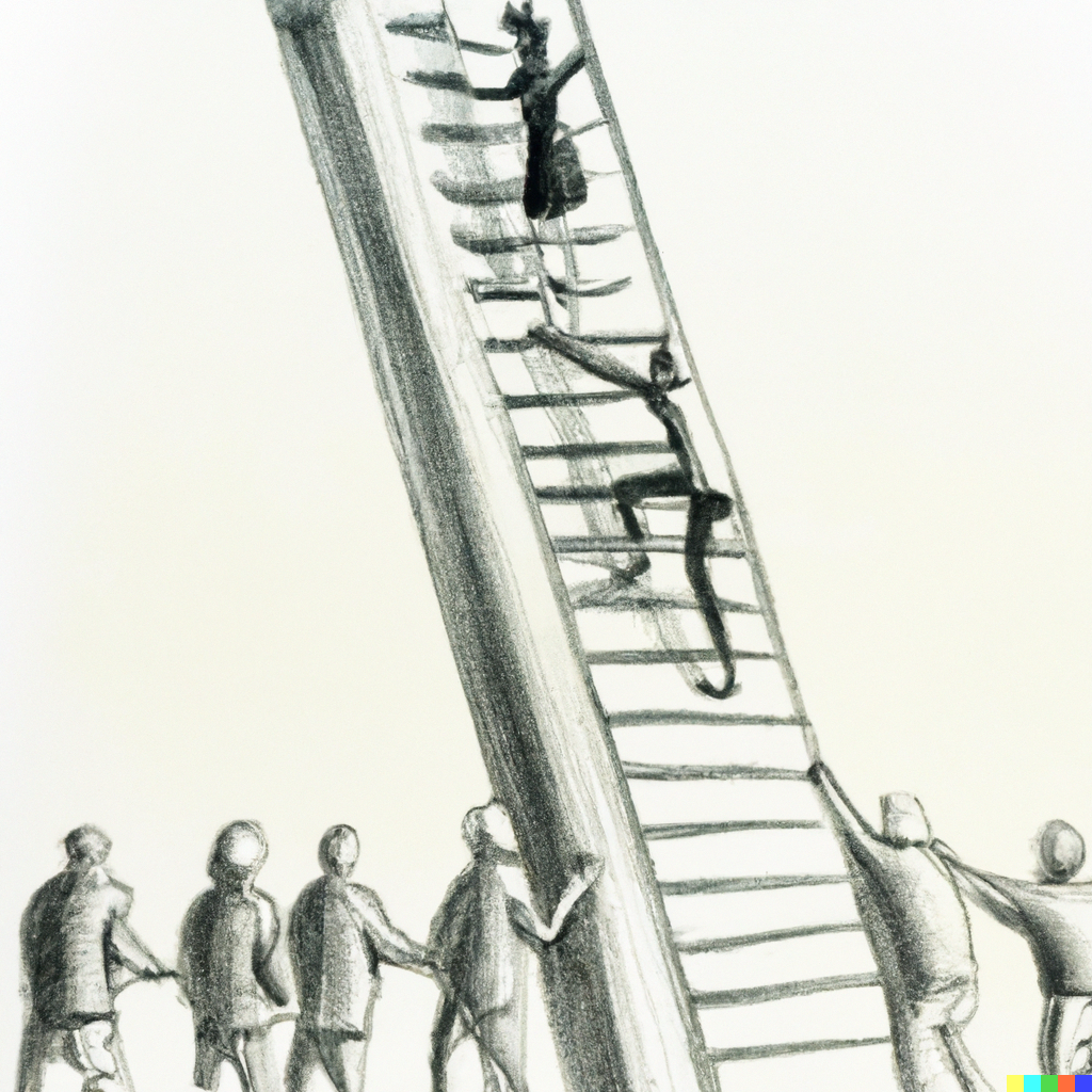 A-pencil-drawing-of-a-crowd-gathered-at-the-bottom-of-ladder-with-an-executive-climbing-to-the-top