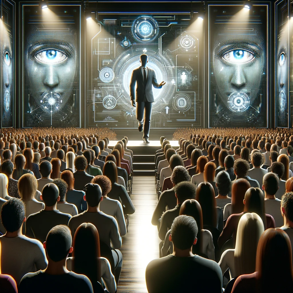A-futuristic-scene-depicting-a-leader-on-stage-speaking-to-a-vast-audience.-The-audience-members-have-digital-eyes-symbolizing-their-focused-attention
