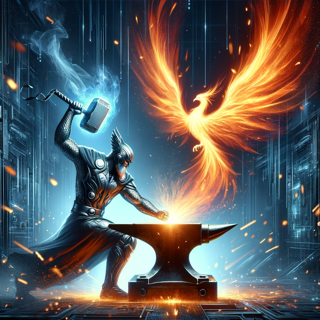 futuristic version of Thor the Norse god smashing his hammer on an anvil with a fiery phoenix emerging from the impact.